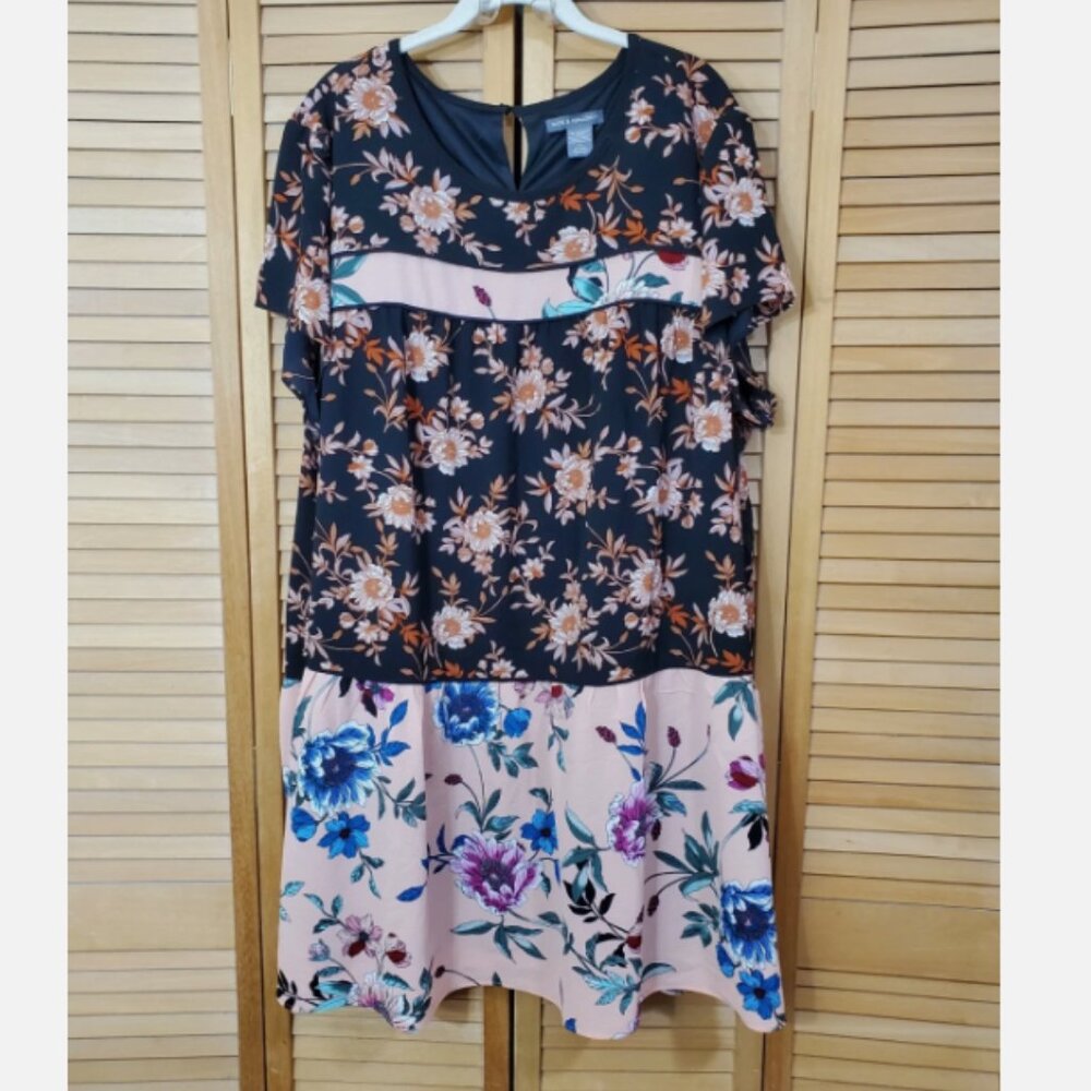 Kate & Mallory Black Multi Short Sleeve Kaftan Babydoll Dress 3X